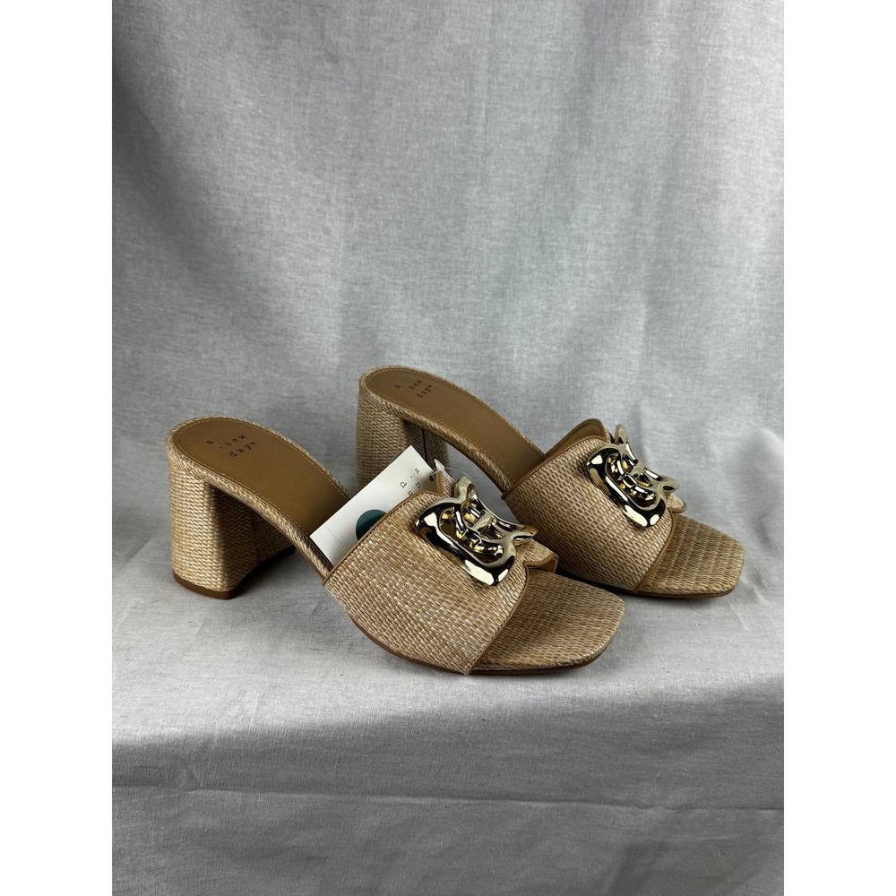 A New Day Women Tan Woven Block Heel Slide Sandals Gold Chain Detail Size 9